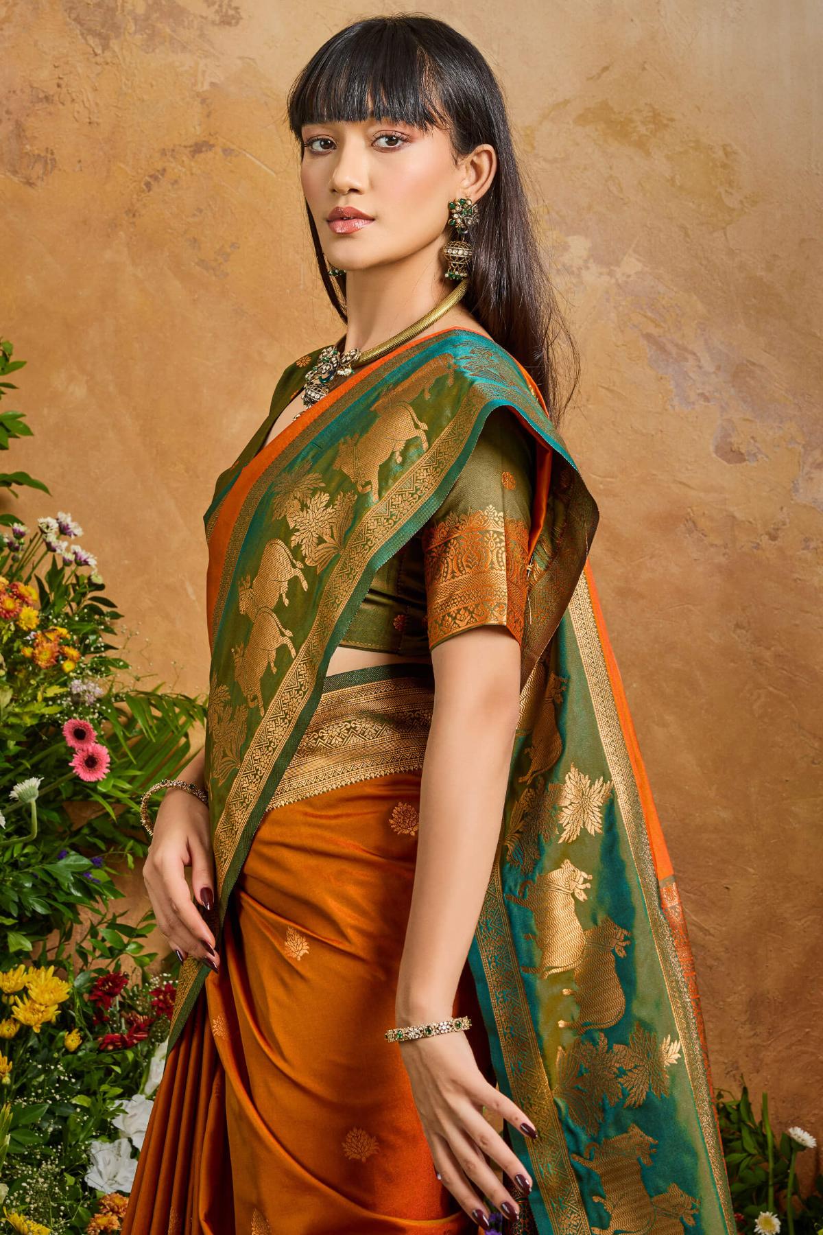 Brown Soft Banarasi Silk Saree With Elision Blouse Piece - Image 3